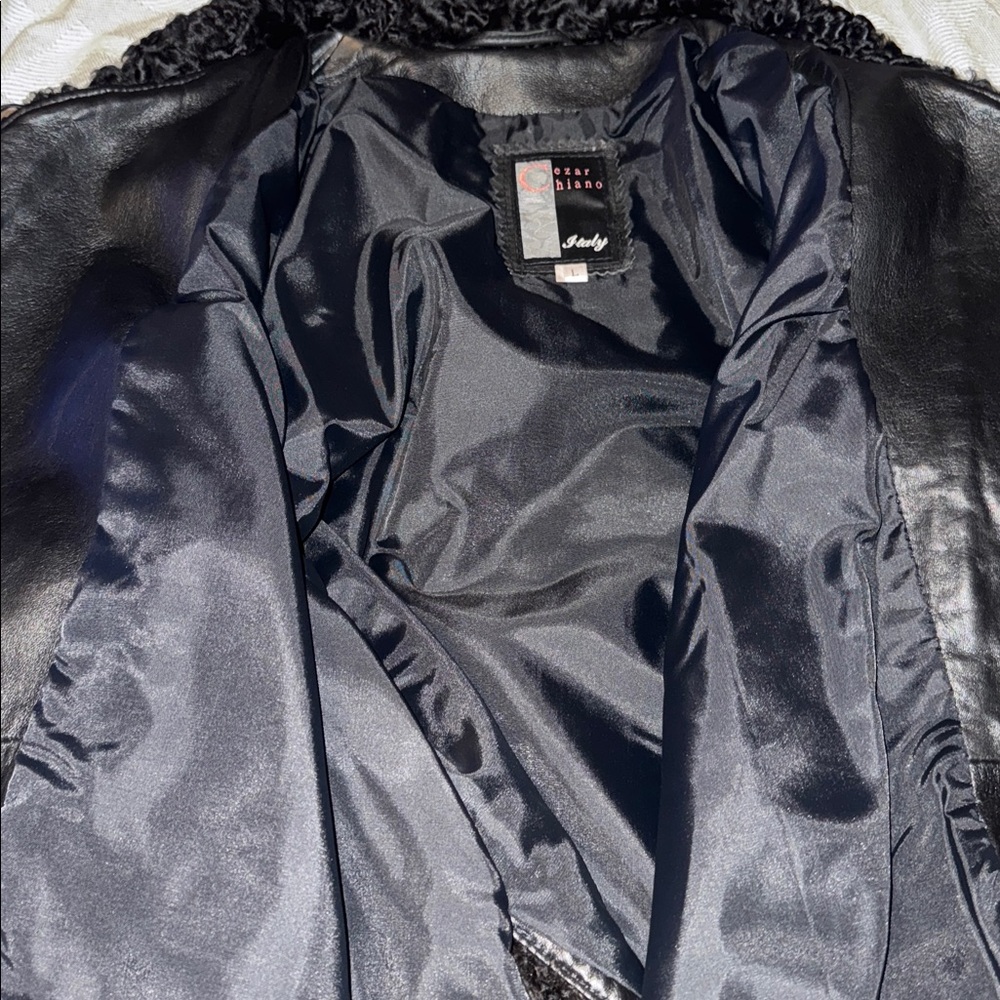 Black lamb fur trim lambskin leather coat L - Picture 11 of 12